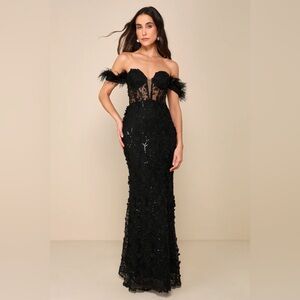 Midnight Sparkle Black Embroidered Feather Bustier Maxi Dress